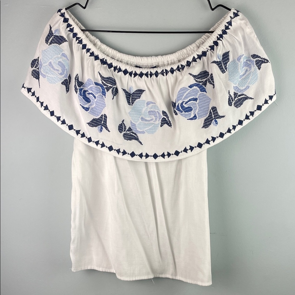 Blue Rain White Off-Shoulder Top with Blue Floral Embroidery Size M
